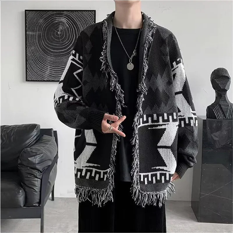 Y2K Spring Autumn Sweater Jacket Loose Cardigan Mens Clothing Coat Fashion Cardigan Hole Loose Knitwear Blouse Hombre 240819