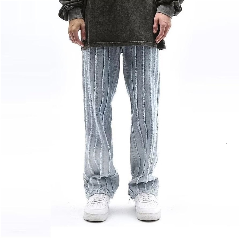 Mens hip-hop Y2k mens jeans street stripes primitive edges retro loose fit suitable for straight denim jeans 240819