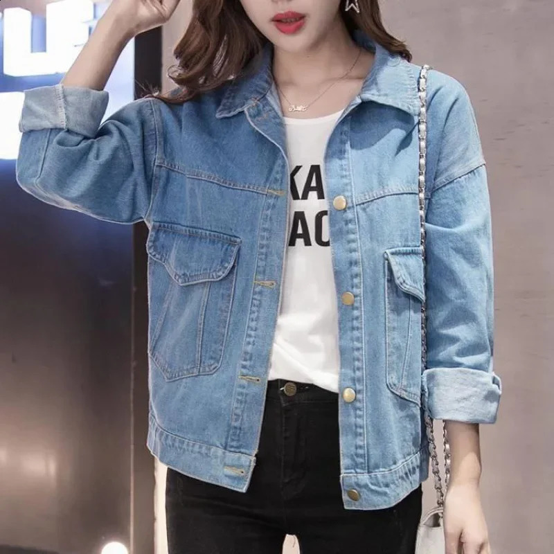 Cotton denim jacket loose fit suitable for womens spring and autumn Korean style Bf jacket student clothing 240819