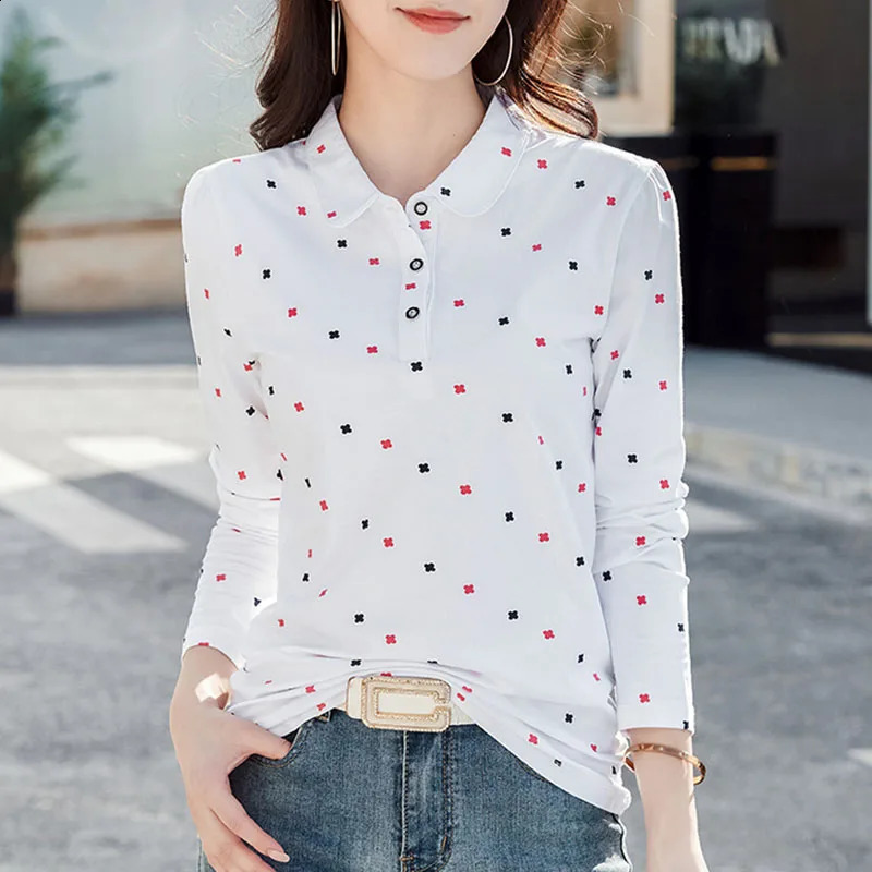 Polo de printemps Polo Fashion Imprimé féminin à manches longues Col de remin-down T-shirts Soft Cotton Blouses Ladies Slim Tops 240819