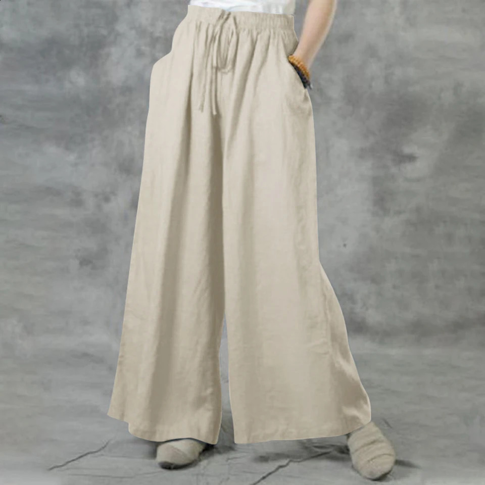 Large size L-5XL street casual straight pants summer solid color cotton linen brushed elastic waist wide leg womens pants 250326BJ