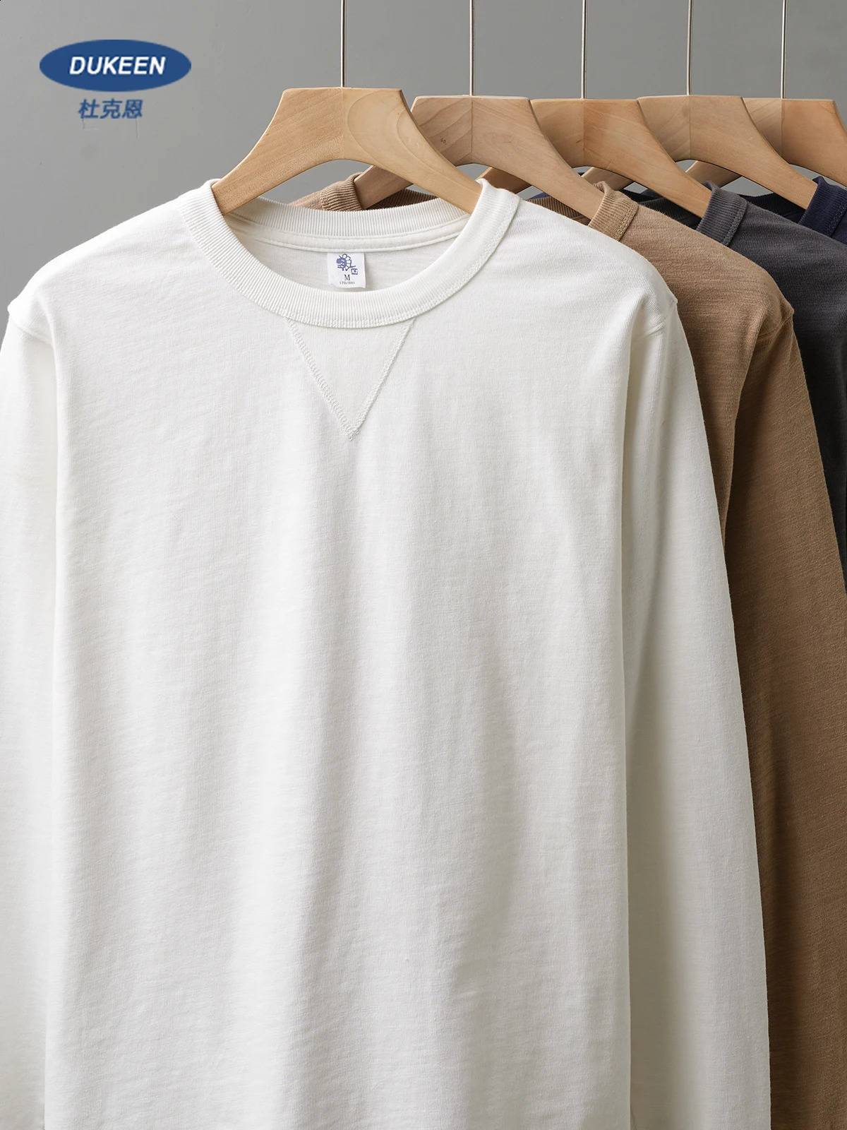 DUKEEN 320Gsm Pure Cotton Men Long-Sleeve T Shirts Spring and Autumn Heavyweight Casual Oversize Tops Solid Color Mens Clothing 240819