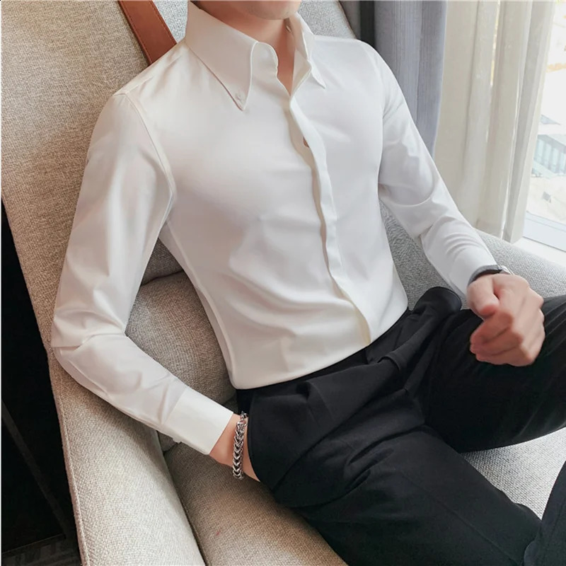 Autumn Solid Concealed Placket Shirts Men Long Sleeve Slim Fit Social Shirt Male High Quality Business Casual Prom Tuxedo 240818