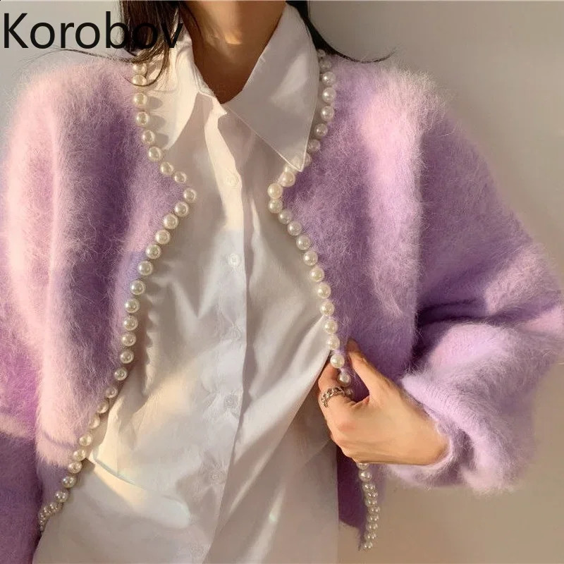 Korobov Autumn Sweet Pearl Sweater Korean Knitted O-Neck Long Sleeve Cardigan Retro Elegant Womens Cardigan 240819