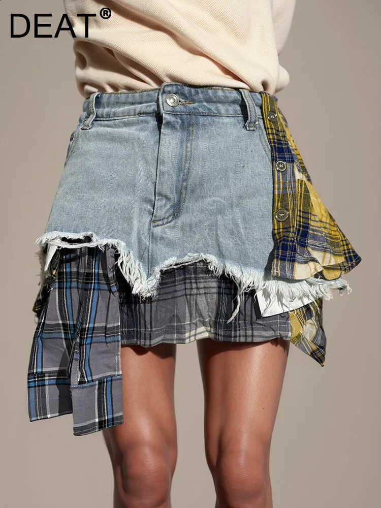DEAT Womens Denim Leather Colorful Checkered Splicing Work Irregular Deconstruction A-line High Waist Mini Skirt 2024 Spring Fashion 240819