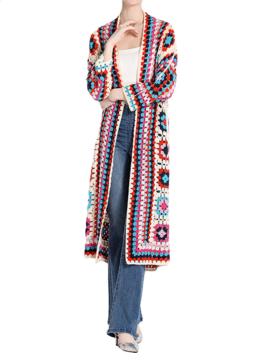 Bohemian Floral Crochet Grandma Square Cardigan - Tissu à manches longues à manches longues vintage avec cardigan long 240819