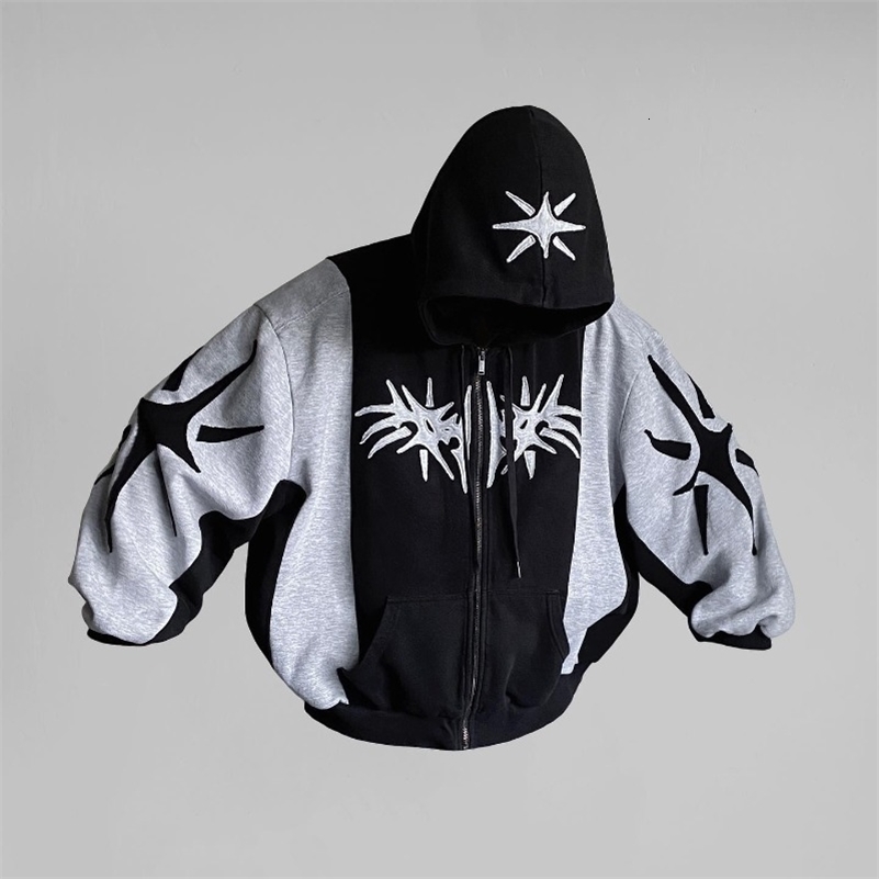 Y2K Retro Zipper Hoodie Harajuku Patch Work Gothic Street Hip Hop Super Dalian Hoodie Mens Sportswear Fashion Casual Top 240819