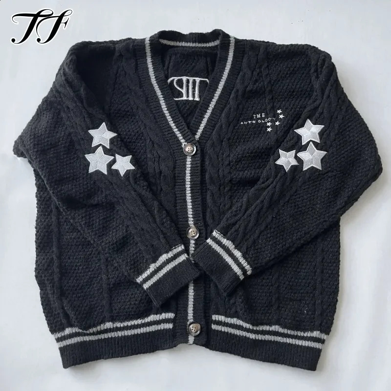 Star Embroidered Black cardigan Womens Autumn Winter Letter Knitted cardigan Womens V-neck Long sleeved Loose Fit Sweater Top 240819