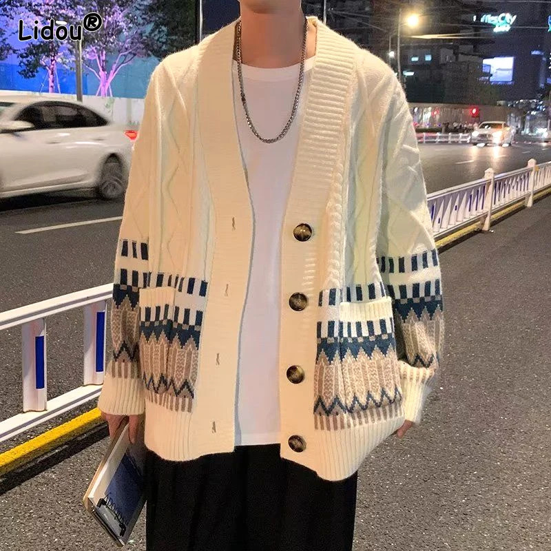 Autumn and Winter Fashion Academy Style V-neck Printed Single Breasted Loose Casual Oversize Mens Sweater Cardigan 240819