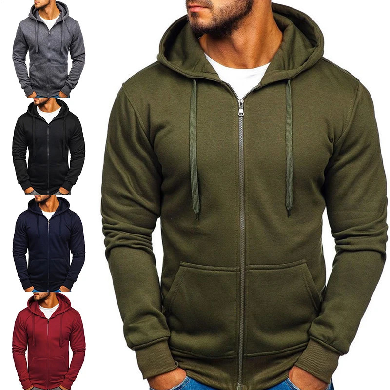 Fashionable mens winter hooded jacket solid color jacket basic zipper sportswear jacket warm jacket casual mens jacket 240819