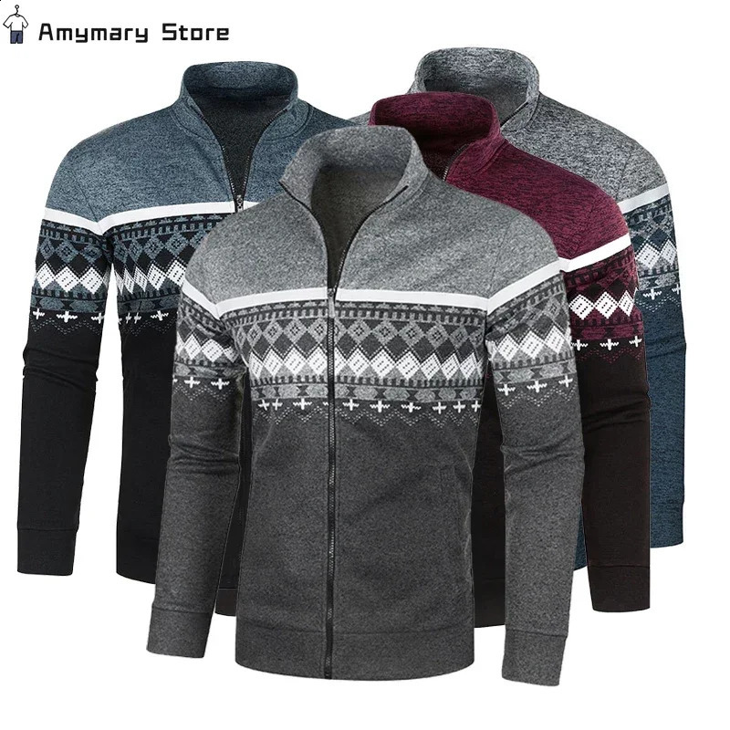 Mens Retro Jacquard Knit Cardigan Fashion Warm Zipper Pullover Casual Slim Collar Sweater Coat Men Outwear Street Wear S-3XL 240819