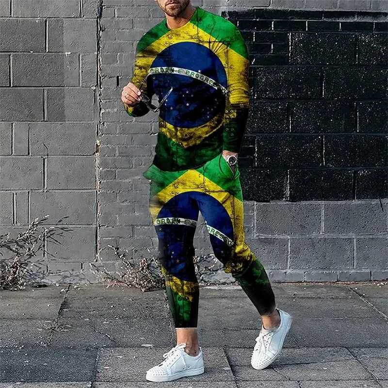 Men's Tracksuits Mens 3D printed long slved set Brazil/France/Spain flag sportswear long slved pants 2-piece set mens sportswear clothing T2