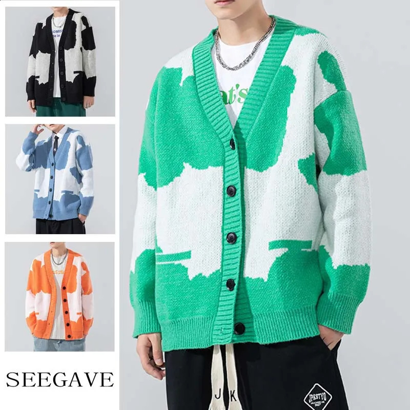 Mens Cloud Printed Cardigan V-neck Sweater Youth Spring Loose Single-Breasted Casual Sweater 240819