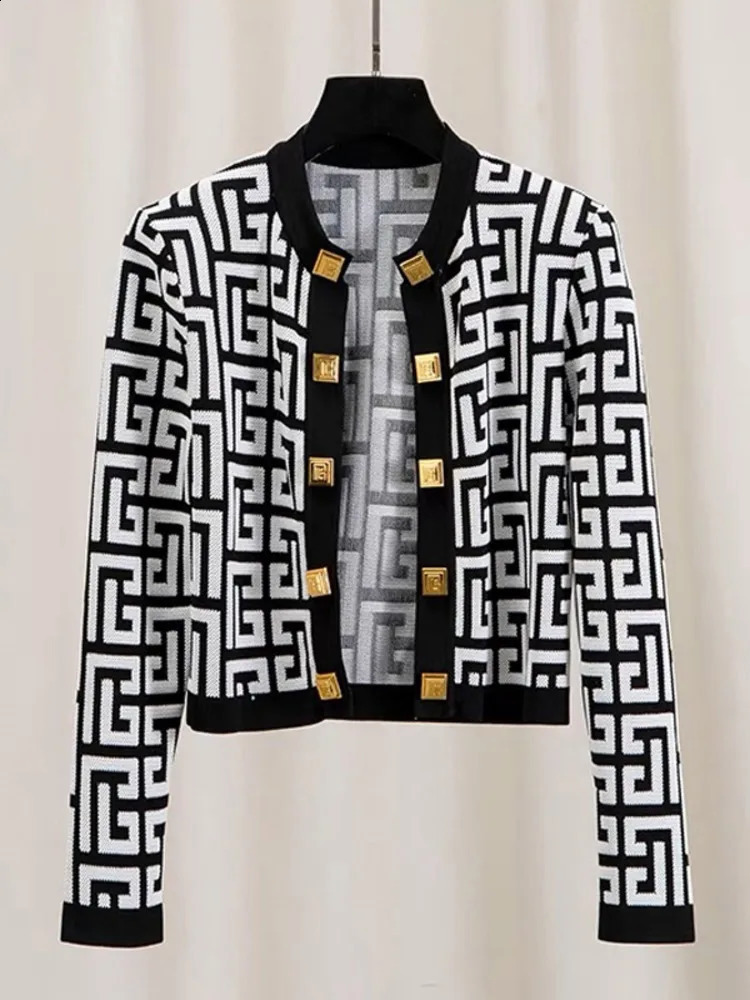 Retro Fashion Géométrique Modèle tricoté Open Top Femmes à manches longues courte 2024 Fashion Slim Fit Jacket Casual Button Pull 240819