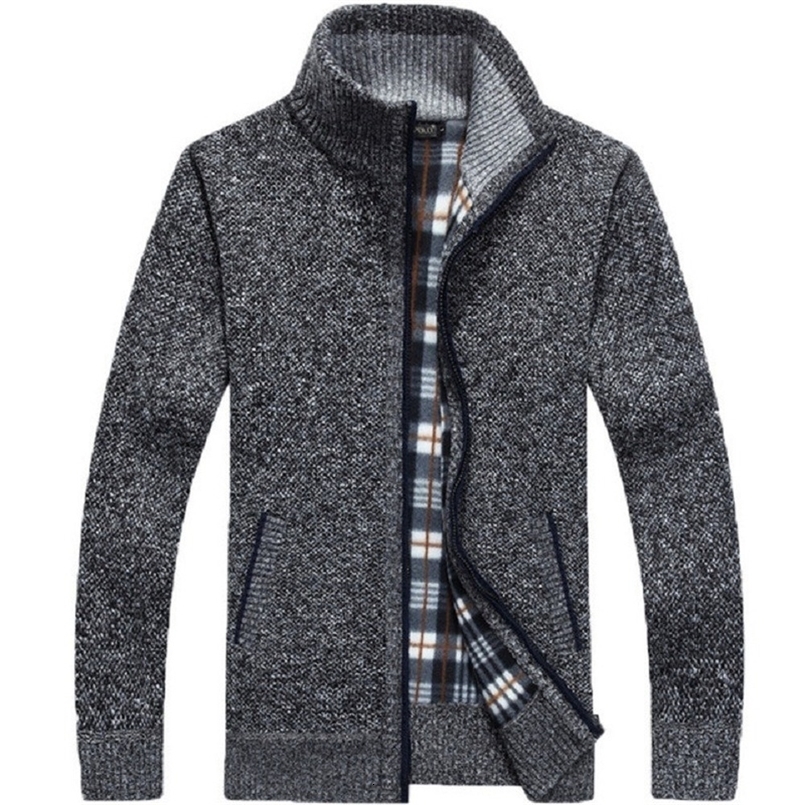 Winter Thick Mens Knitted Sweater Coat Off White Long Sleeve Cardigan Fleece Full Zip Male Causal Plus Size Clothing for Autumn 240818