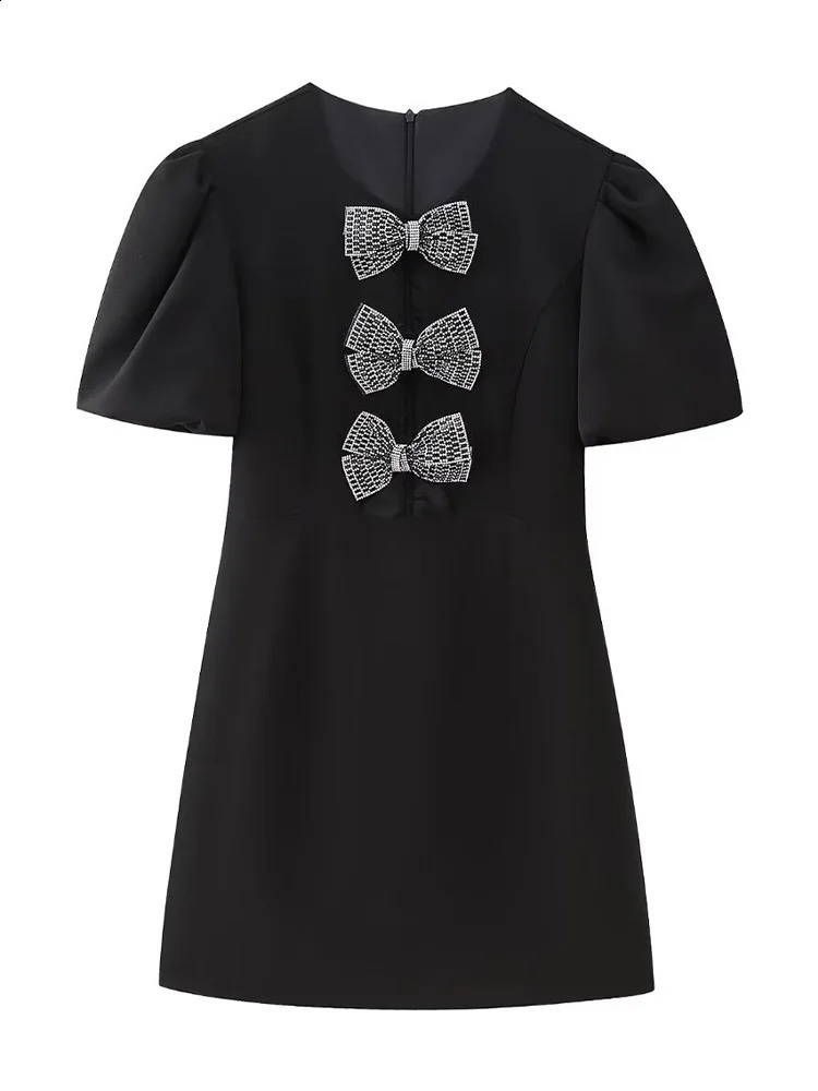 Willshela Women Fashion with Bow Black Back Zipper Mini robe vintage O-Neck Côtes courtes Femme Chic Dame Robes 240819