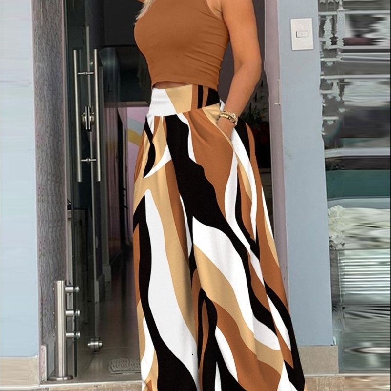 Femmes 2 pièces ensembles élégants mode sans manches minces slim top haut de taille pantalon à imprimé occasionnel 2 morceaux de vêtements y24081