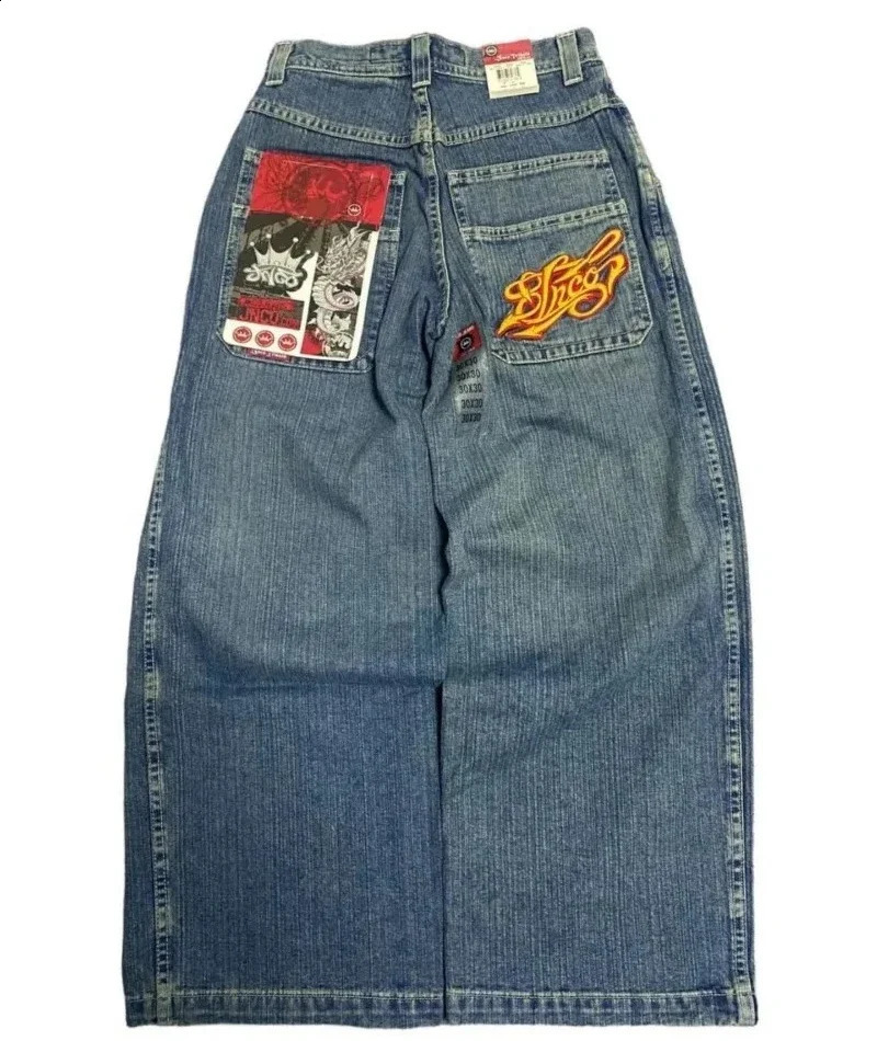 American retro fashion high waisted jeans Y2k mens jeans Harajuku style hip-hop straight wide leg pants Gothic graphic pants 240819