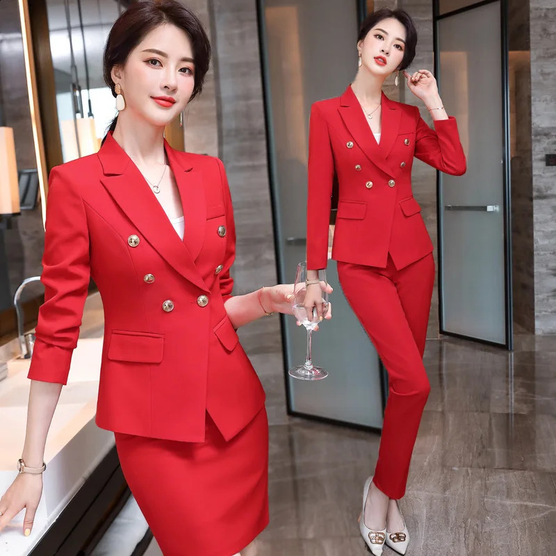 Commuting Business Office Womens Double Chest Set Jacket High Waist Skirt Straight Tube Ultra Thin Fit Pants Two Piece Set 240819