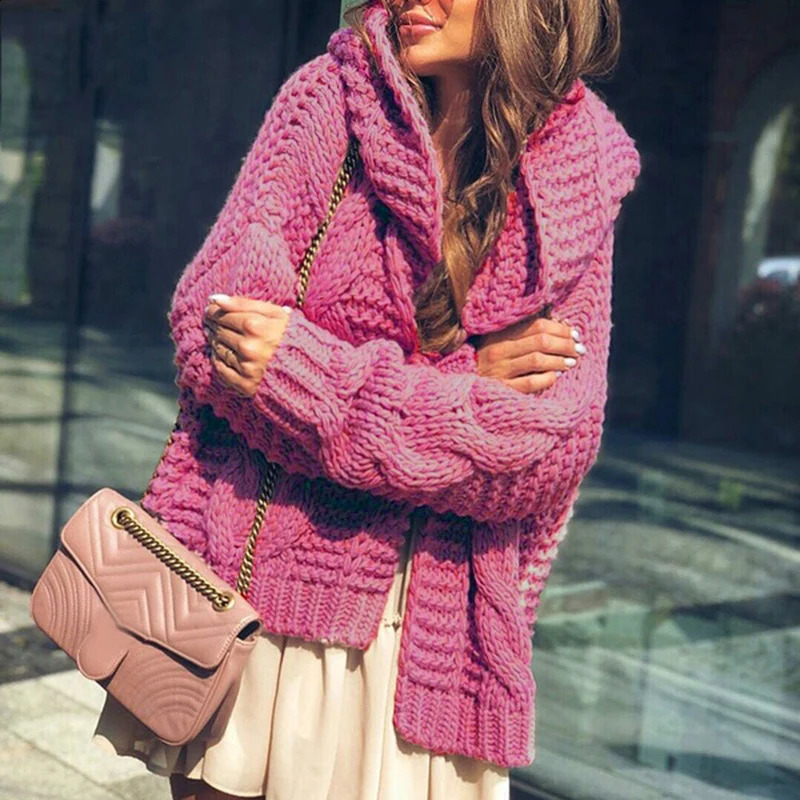 Autumn womens elegant long sleeved patchwork top with open collar winter casual solid warm sweater casual hooded knitted sweater 240819