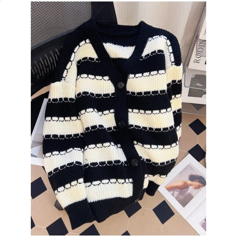 Cardigan Cottageecore V-neck sweater with striped texture knitted buttons front cardigan jacket autumn and winter vintage womens clothing 240819