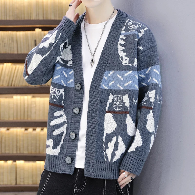 Autumn/Winter Mens Casual Knitted Cardigan Sweater Youth Fashion Versatile Solid Color Sweater Cardigan Coat Top 240819