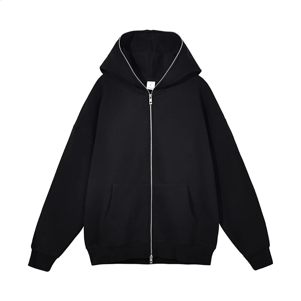 Autumn wool mens hooded streetwear full zipper sportswear loose casual full zipper jacket unisex solid color jacket 240819