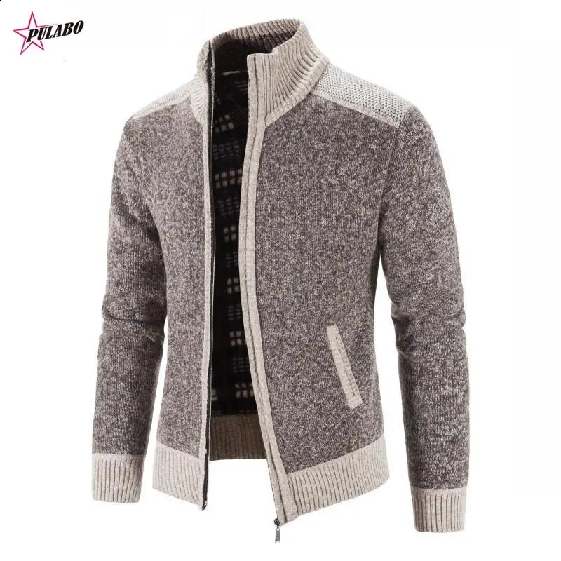 PULABO y2k Mens Sweater Coat Fashion Patchwork Cardigan Men Knitted Sweater Jacket Slim Fit Stand Collar Thick Warm Coats Men 240819