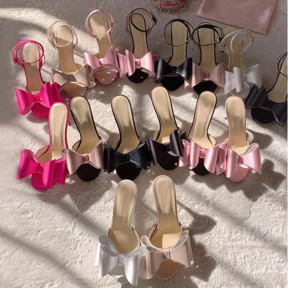 Luxury designer Double bow dress Sandals Rhinestones embellished Satin Evening Shoes Wedding Party Shoes Women's stiletto Sandals Factory Sh-image-951168061