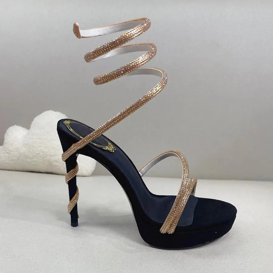 Crystal inset platform sandals Coiled snakeband Rhinestone stiletto Heels Ankle wrapped luxury designer evening wear Wedding Party Shoes Factory-image-906741709