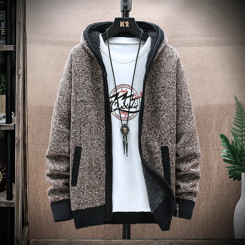Autumn Winter Knitted Cardigans Men Hooded Sweater Fleece Thick Jacket Street Fashion Casual Y2K Sports Male Sweaters Coat 240819