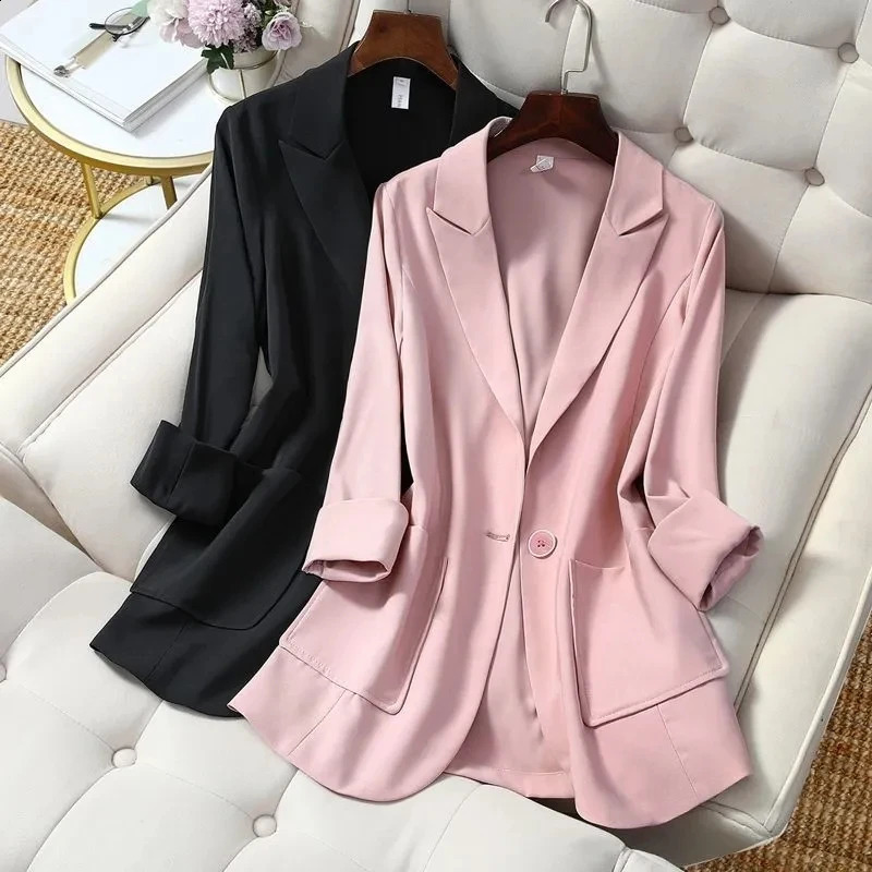 Suit Jacket Women Spring Summer Thin Pink Black Blazer Casual Tops Fashion Solid color Loose Coat Female Jacket 240819