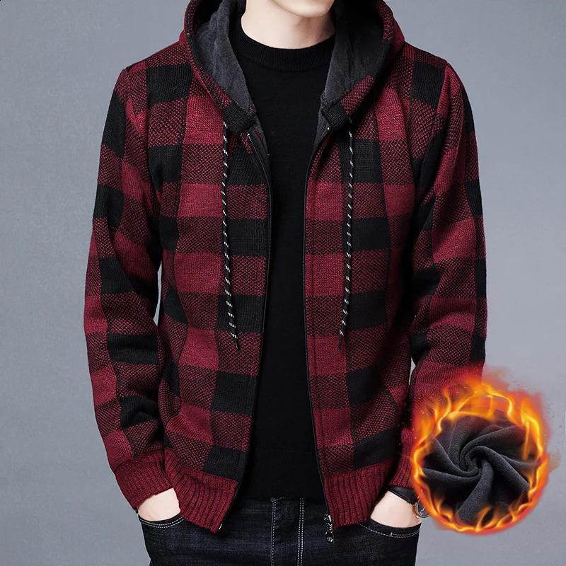 Winter Sweater Cardigan Mens Hoodies Thick Hooded Knit Wool Coat Plaid Outwear Y2K Clothing Cold Blouse Fleece Jackets 240819