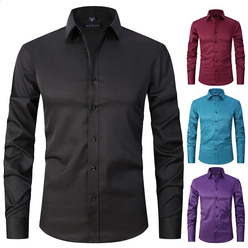 Stretch Bamboo Fiber Long à manches manques à manches à manches longues anti-rides sans repasser à la mode décontractée pour hommes de sim vêteme