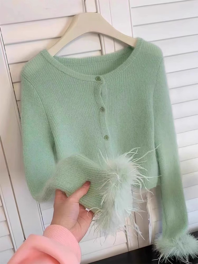 Women o-neck single breatsed mint green color long sleeve fur cuff patchwork fashion sweater cardigans SML