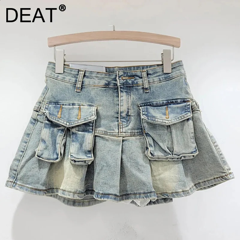 DEAT Fashion Womens Asymmetric Denim Skiing Patch Work Bag Fold A-line Short Cargo Mini Skiing 2024 Summer 29L6949 240819