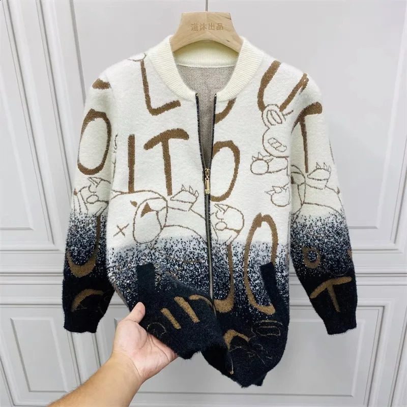 High Quality Mink Fleece Sweater Cardigan Mens Korean Fashion Print Casual Autumn Winter Warm Zipper Knitted Mens Coat 240819