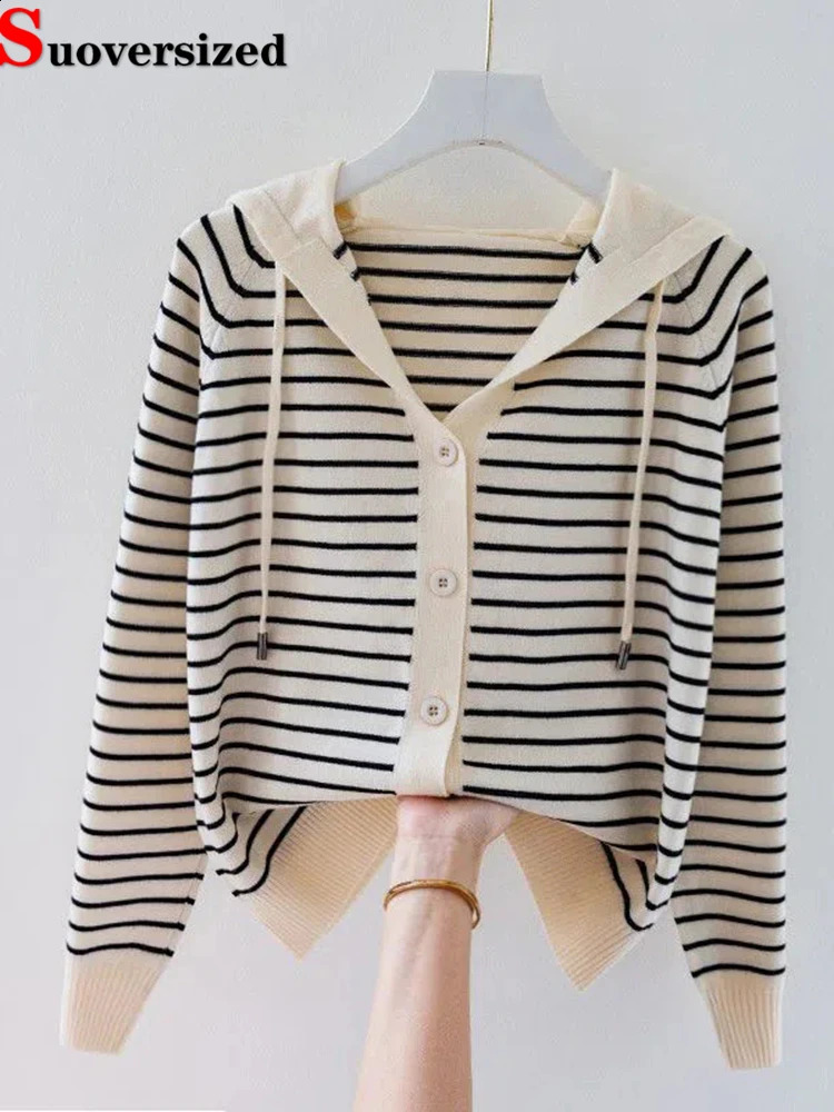 Striped hoodie oversized knit cardigan elegant spring and summer womens top loose knit sweater Korean fashion sweater 240819