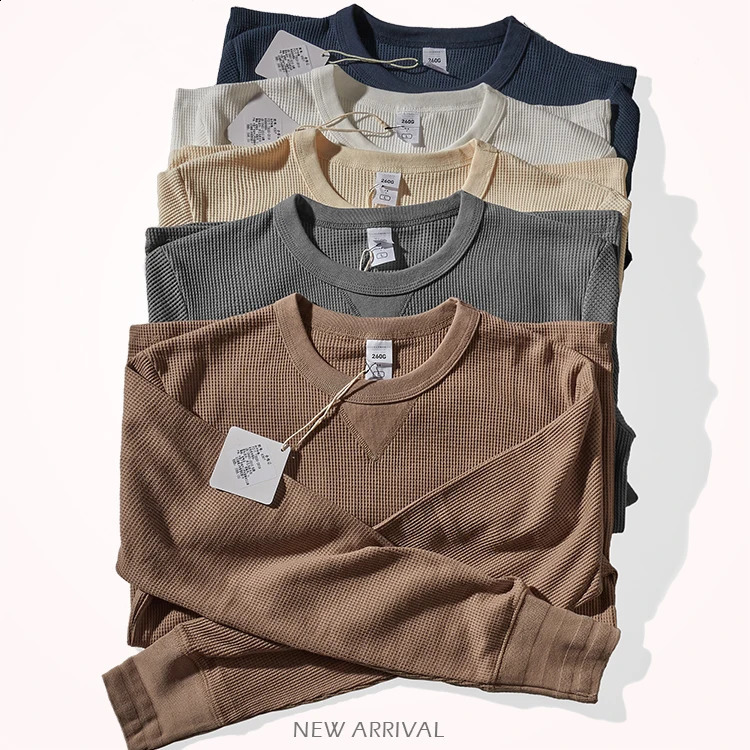 Autumn and Winter American Retro Long Sleeve O-neck 260g Waffle Knitted T-shirt Mens Fashion Simple Casual Bottoming Tops 240819