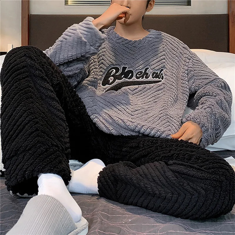 Pajamas Mens Autumn Winter Coral Fleece Warm Thickened Velvet Suit High-Grade Can Be Worn Outside Flannel Home Wear 240819