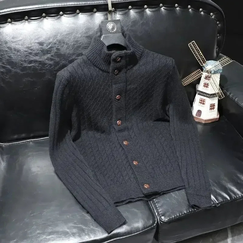 Knit Sweater Male Solid Color Mens Clothing Plain Cardigan Coat Collared Jacket Black Old Over Fit Heated Knitwears Y2k Vintage 240819