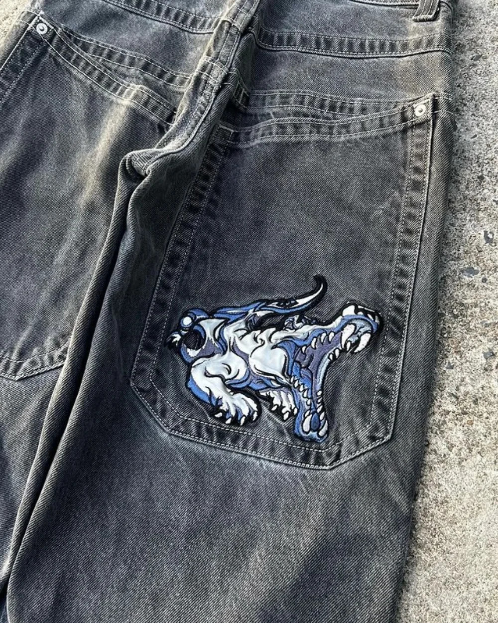 Y2k mens jeans hip-hop cartoon graphic printing retro bagged jeans black pants womens high waist wide leg Trouser streetwear 240819