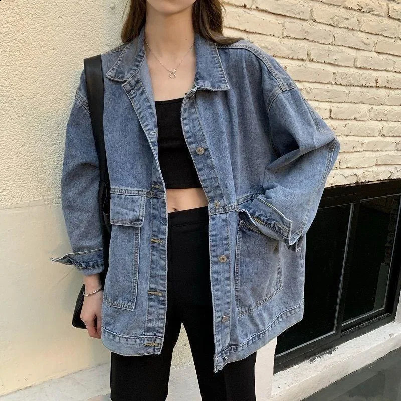 Large Loose Cowboy Womens Jacket Retro Street Korean Style Wild Leisure Couple Jacket Korean Ins Jacket Cowboy 240819