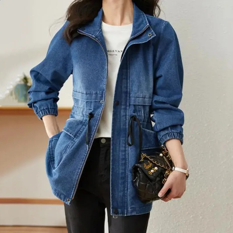Spring and Autumn Womens Denim Jacket Casual Top Loose Medium to Long Slim Fit Jeans Jacket Windproof Womens Denim Basic Jacket 240819