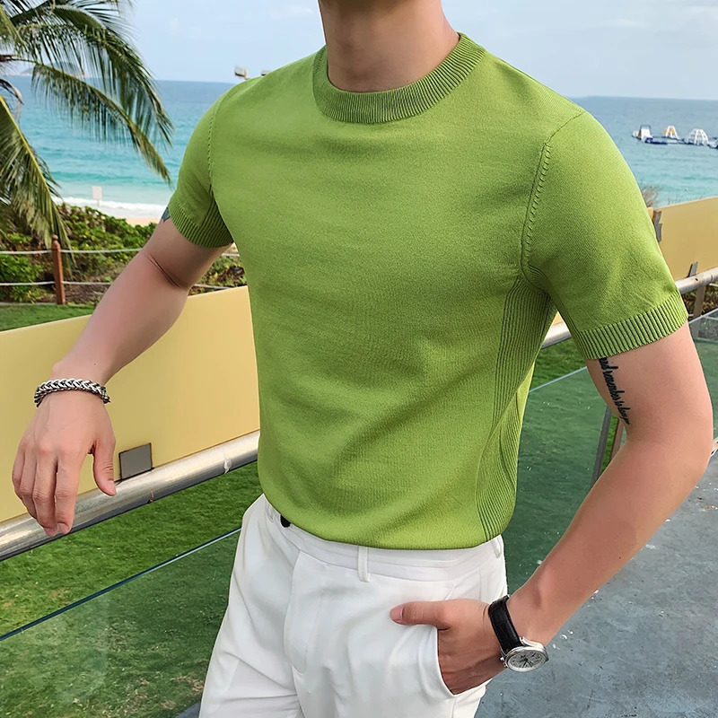 Style de style britannique Silk Silk à manches courtes t-shirts tricotés hommes Simple pure Couleur O-Neck Tee Shirt Slim Casual Homme M-3XL 2408