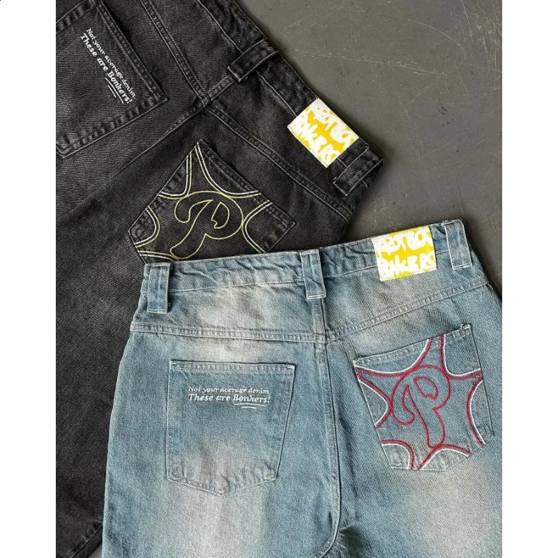 American Street Y2K Lettre de broderie jeans Pantalon HARAJUKU HIP HOP Vintage Blue Bailgy High Wide Jam Le jambe Unisexe 240819
