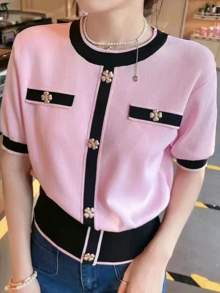 2024 Summer Korean Fashion Knitted Pulled Womens Short sleeved O-neck Thin Knitted Sweater Top Elegant and Unique 240819