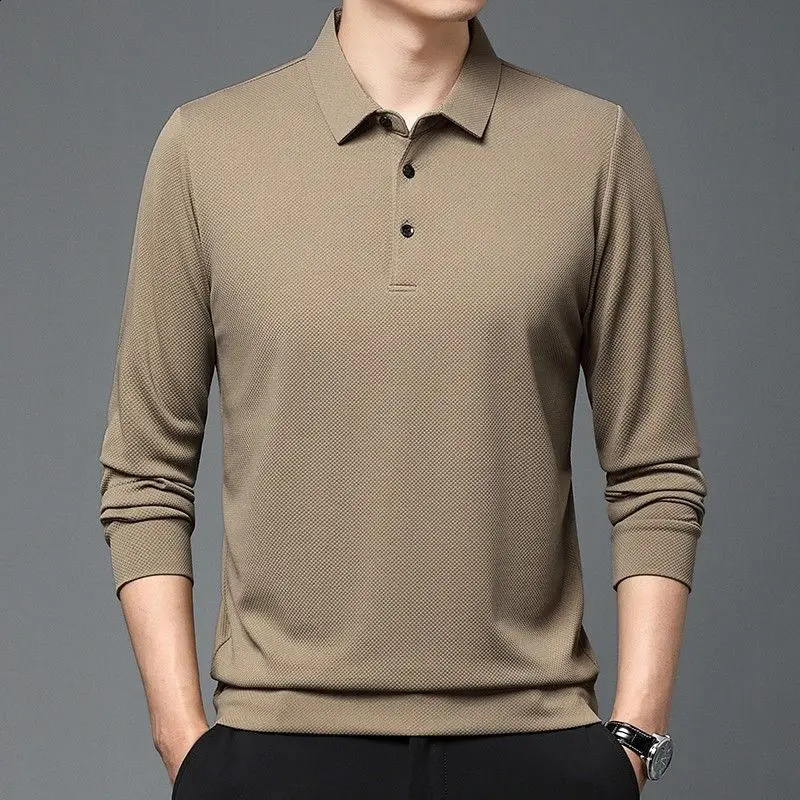 Spring Men Thin Solid Waffle Patchwork Long Sleeve Polo Shirts T-shirt Lapel Button Korean Fashion Loose Casual Versatile Top 240818