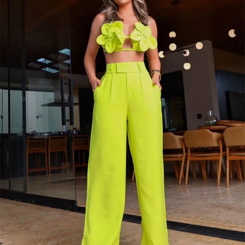 Floral Solid Spaghetti Strap Backless Elegant Long Trousers For Women High Waist Wide Leg Fashion Overall Pants Set In 2024 y240816