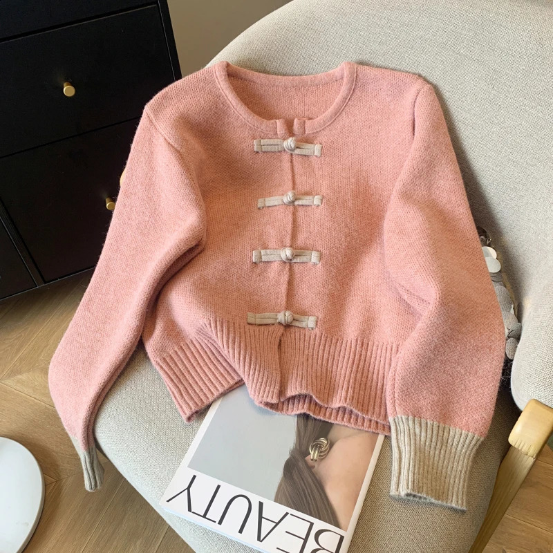 Pink womens clothing retro knitted sweater single chest fashionable long sleeved casual fashion simple pocket womens winter top 240819